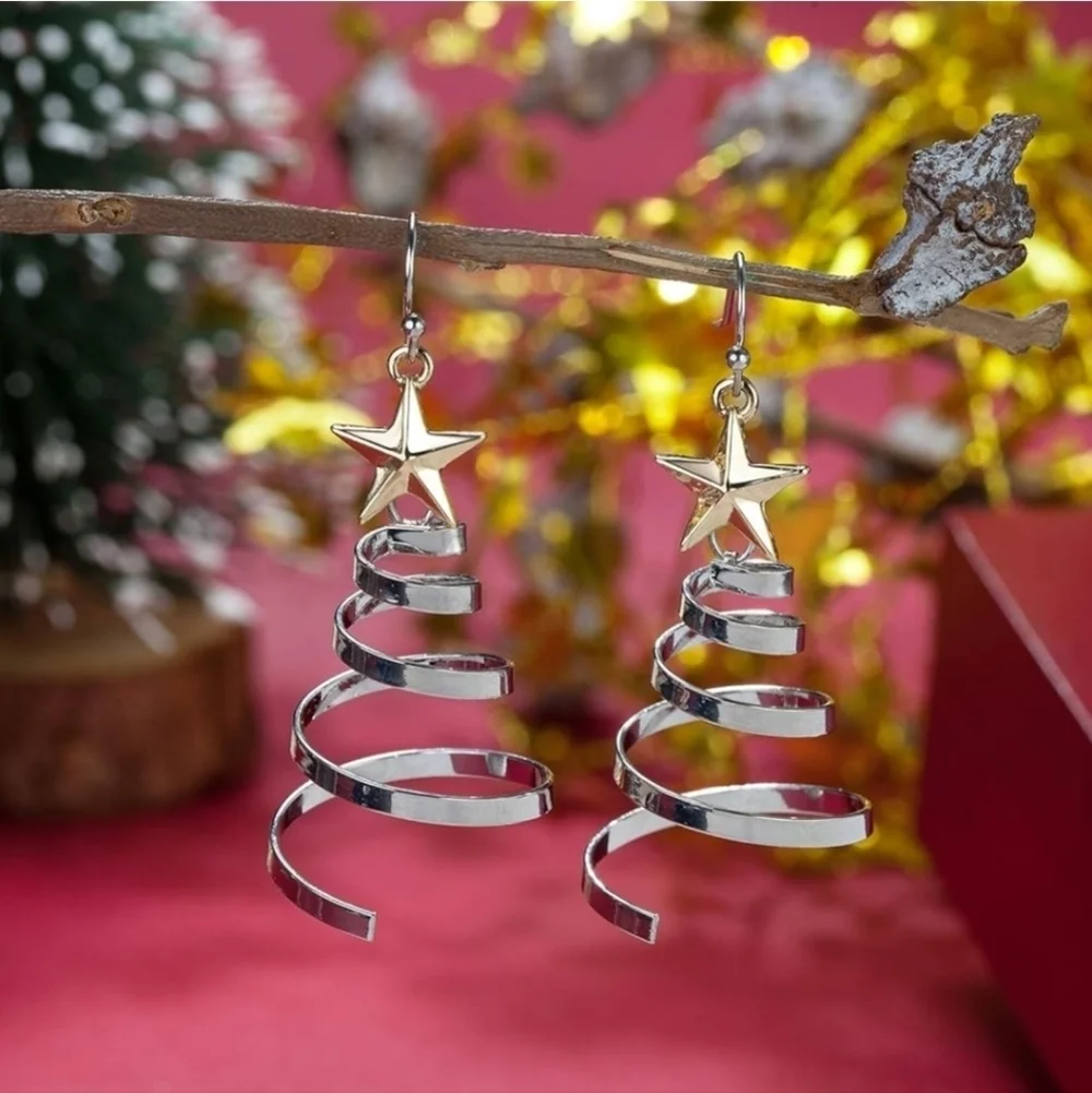 Women’s Jewelry Holiday Gold and Silver Star Spiral Tree Dangle Earrings